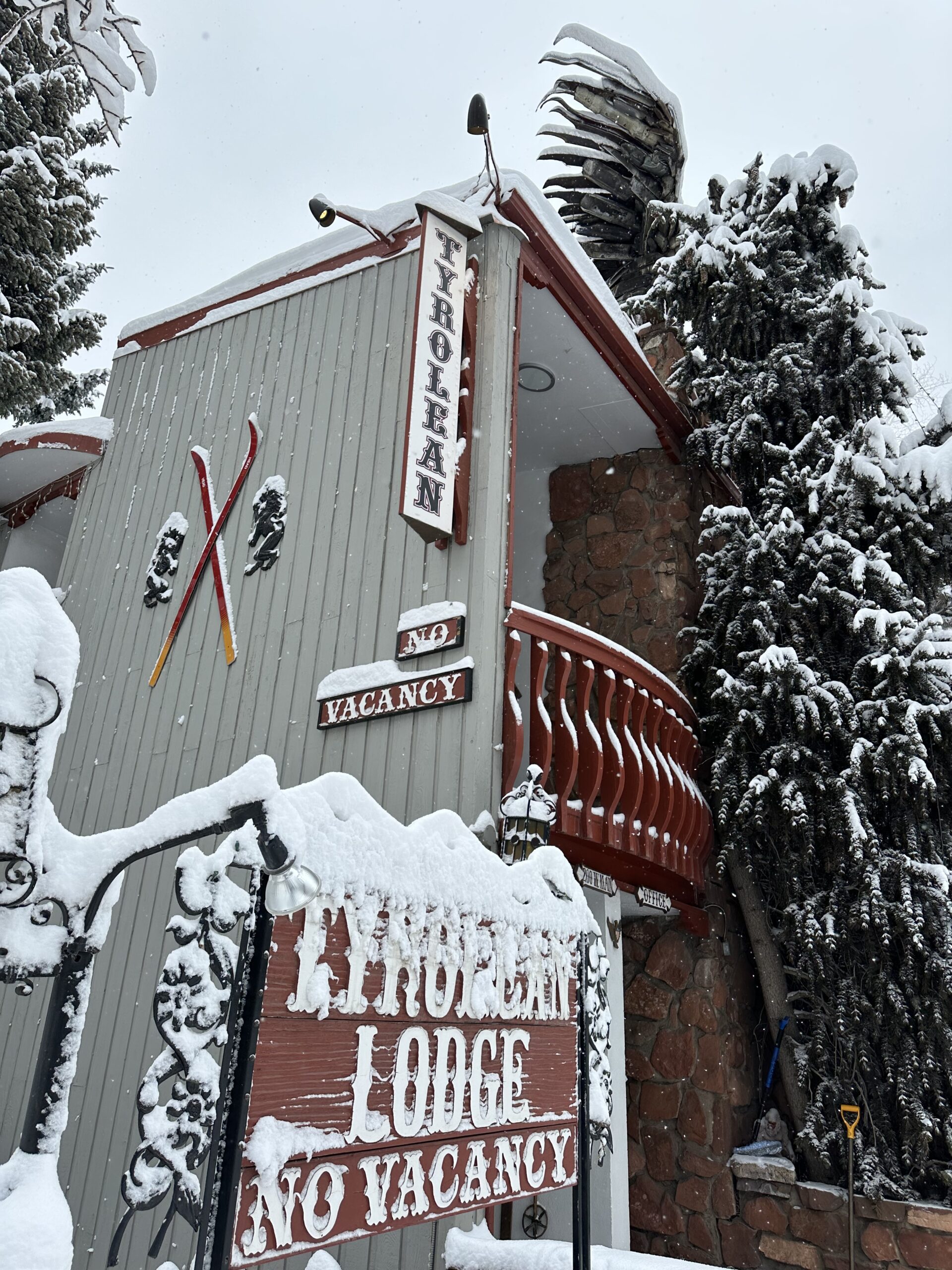 Winter view of Tyrolean Lodge Aspen CO