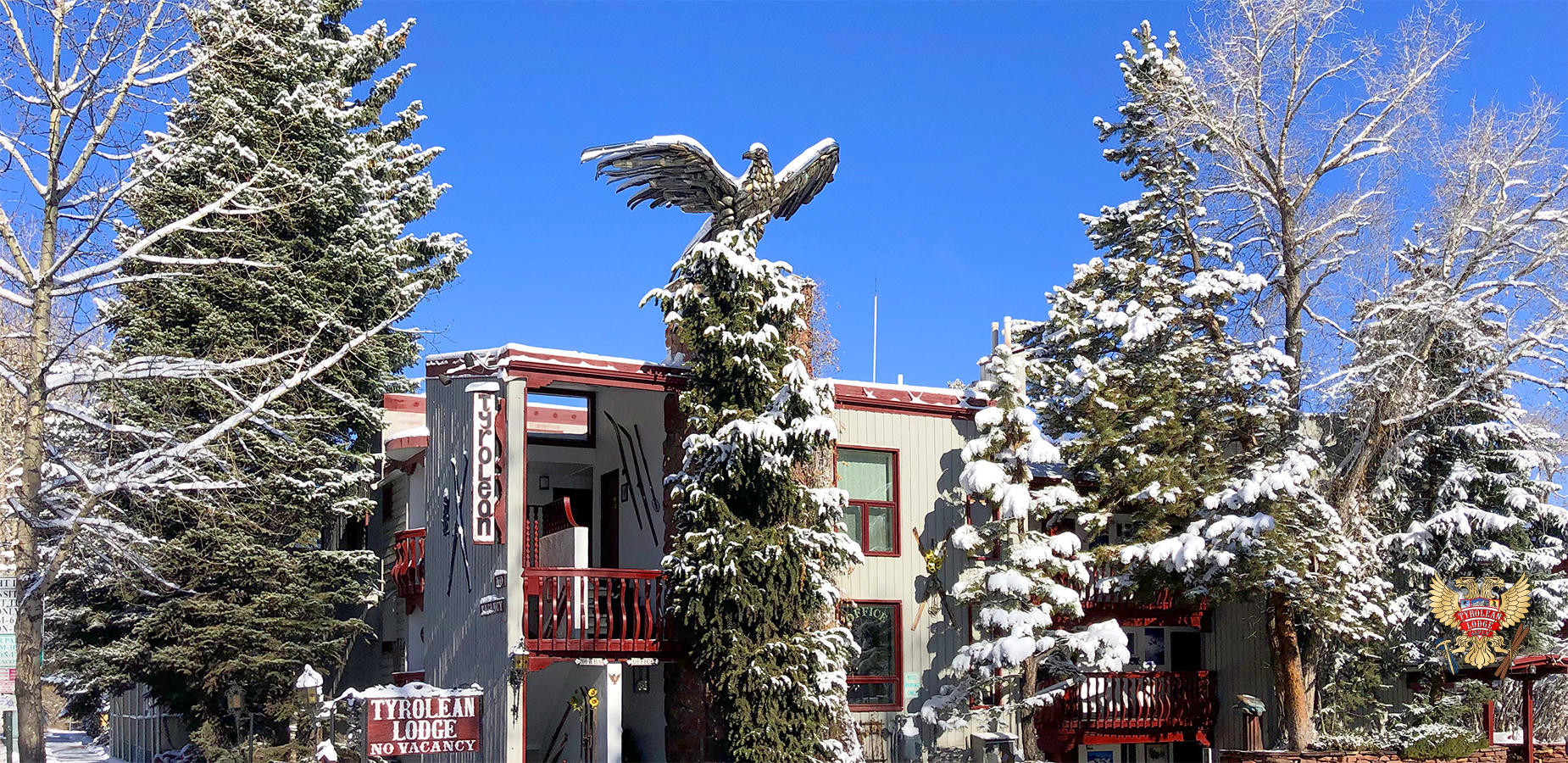 Lou Willie's eagle sculpture is the Tyrolean Lodge's iconic beacon in winter