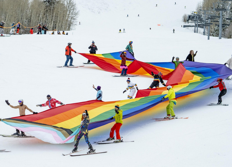 Aspen Gay Ski Week celebration near Tyrolean Lodge in Aspen, CO