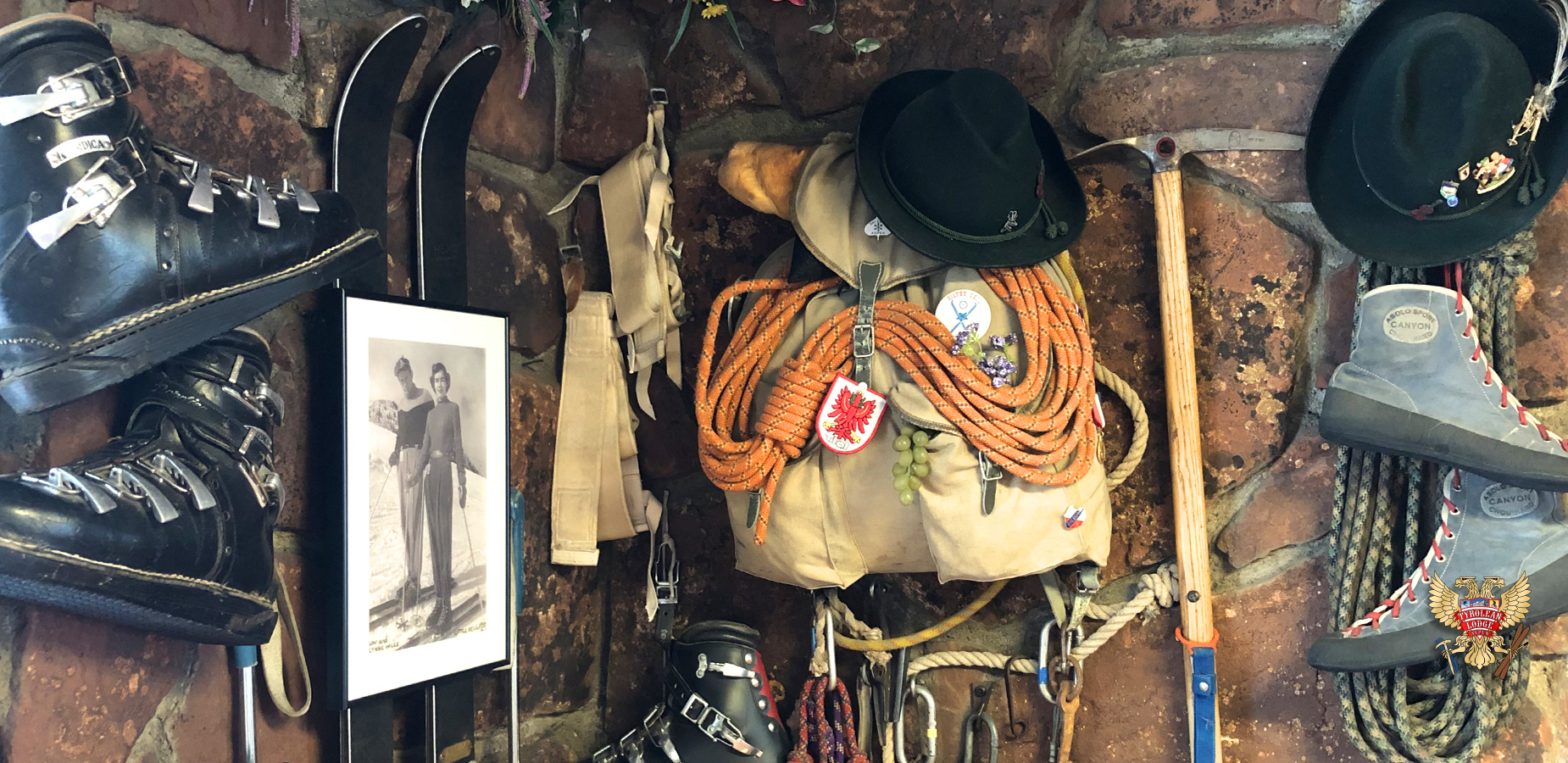 A living museum of ski and mountaineering gear adorn the office